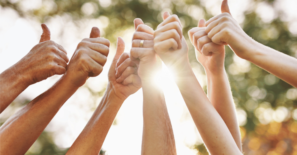 Photo of 7 people's arm and hands with a thumbs up sign in the sunlight