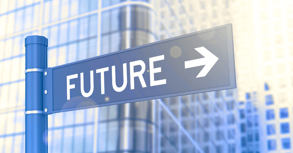 A graphic illustration of a road sign that says "Future" with a sky rise office building behind it