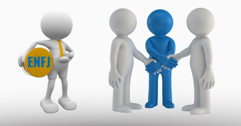 Illustration of an ENFJ character beside a group of stylized figures symbolizing team dynamics—highlighting the limits of personality typing and the need for deeper activation tools like ATA and PIM.